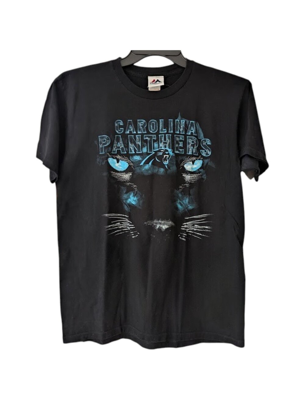 Vintage Y2K Carolina Panthers T-Shirt Mens Medium Black NFL Majestic Tee 19.5x27